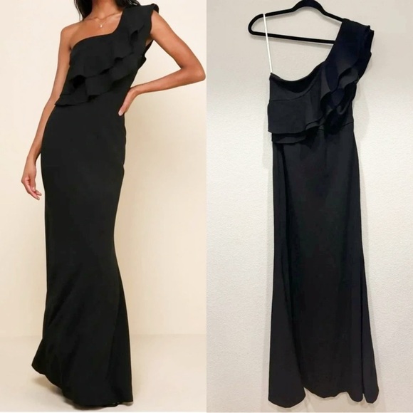 Sz L - NWOT Lulus Grand Beauty Black Ruffled One-Shoulder Mermaid Maxi‎ Dress - Picture 1 of 9